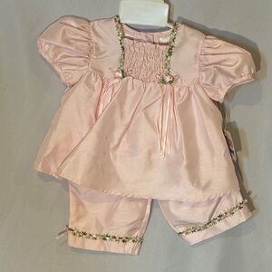 Pink Floral Embroidered Girls Easter 2 piece outfit. 3/6 months